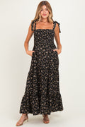 Black Floral Shoulder Tie Maternity Maxi Dress