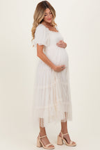 CreamTulle Puff Sleeve Smocked Maternity Midi Dress
