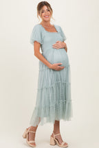 Sage Tulle Puff Sleeve Smocked Maternity Midi Dress