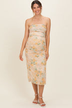 Yellow Floral Mesh Ruched Strapless Maternity Midi Dress