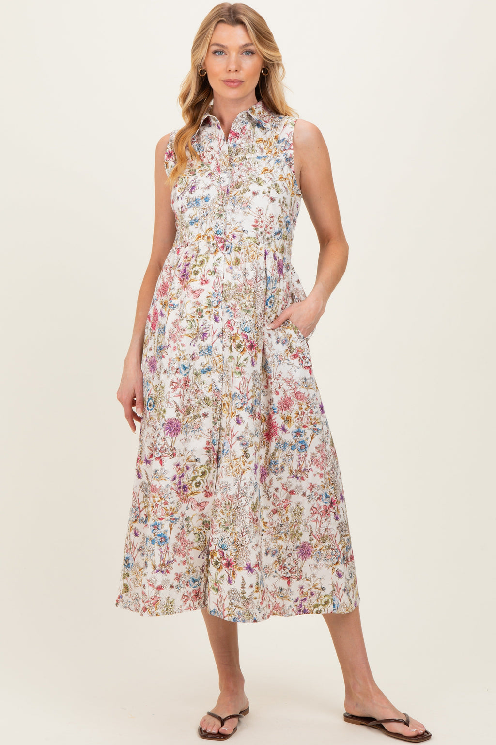 Multicolor Garden Print Sleeveless Maternity Shirt Dress
