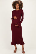 Burgundy Ribbed Knit Bow Back Maternity Maxi Dress