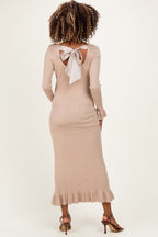 Sand Ribbed Knit Bow Back Maternity Maxi Dress