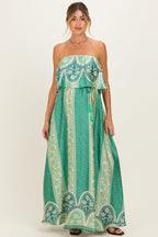 Green Printed Satin Flounce Strapless Maternity Maxi Dress