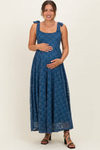 Blue Sleeveless Lace Maternity Maxi Dress