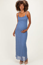 Blue Sleeveless Lace Square Neck Maternity Maxi Dress