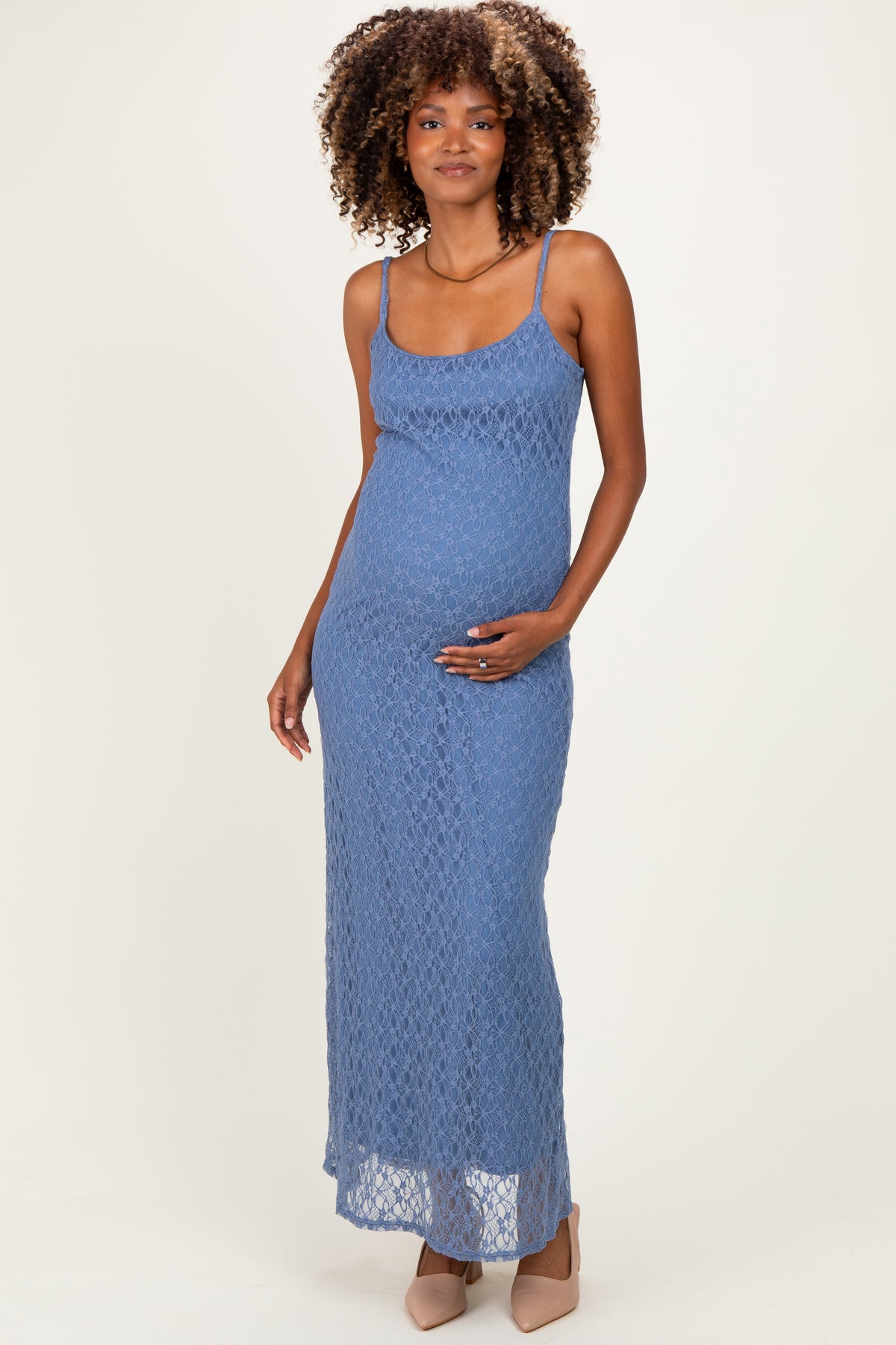 Blue Sleeveless Lace Square Neck Maternity Maxi Dress