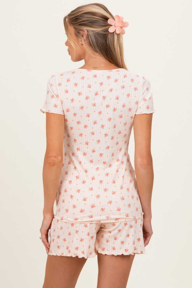 Peach Floral Ribbed Maternity Lounge Set