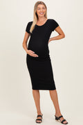 Black Ribbed Short Sleeve Maternity Midi Dress