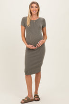Olive Ribbed Short Sleeve Maternity Midi Dress