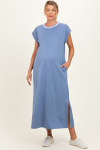 Denim Blue Side Slit Maternity Midi Dress