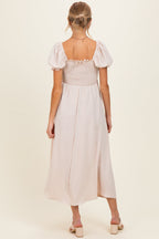 Beige Square Neck Puff Sleeve Maternity Midi Dress