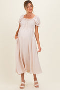 Beige Square Neck Puff Sleeve Maternity Midi Dress