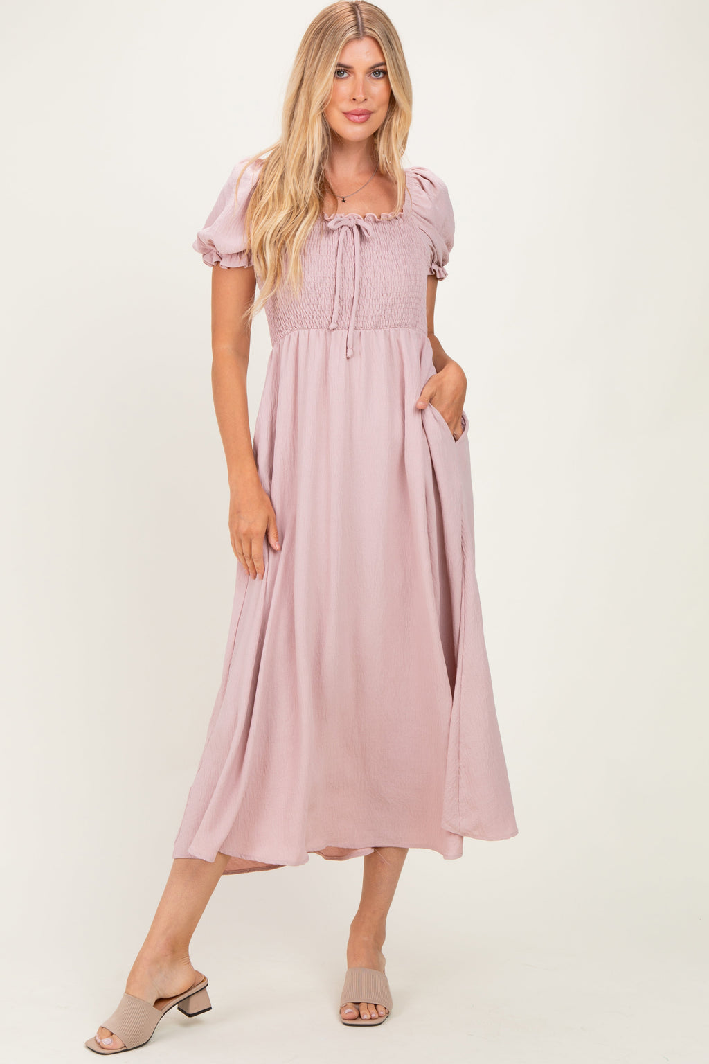 Mauve Square Neck Puff Sleeve Maternity Midi Dress