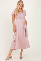 Mauve Square Neck Puff Sleeve Maternity Midi Dress