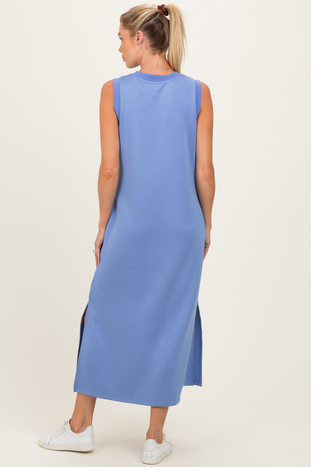 Chambray Blue Sleeveless Maternity Midi Dress