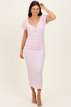 Light Pink Knit Twisted Bust Short Sleeve Maternity Midi Dress