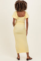 Yellow Knit Twisted Bust Short Sleeve Maternity Midi Dress