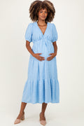 Light Blue Lace V-Neck Puff Sleeve Maternity Maxi Dress