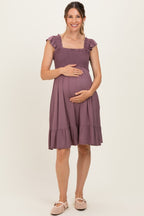 Plum Smocked Tiered Maternity Mini Dress
