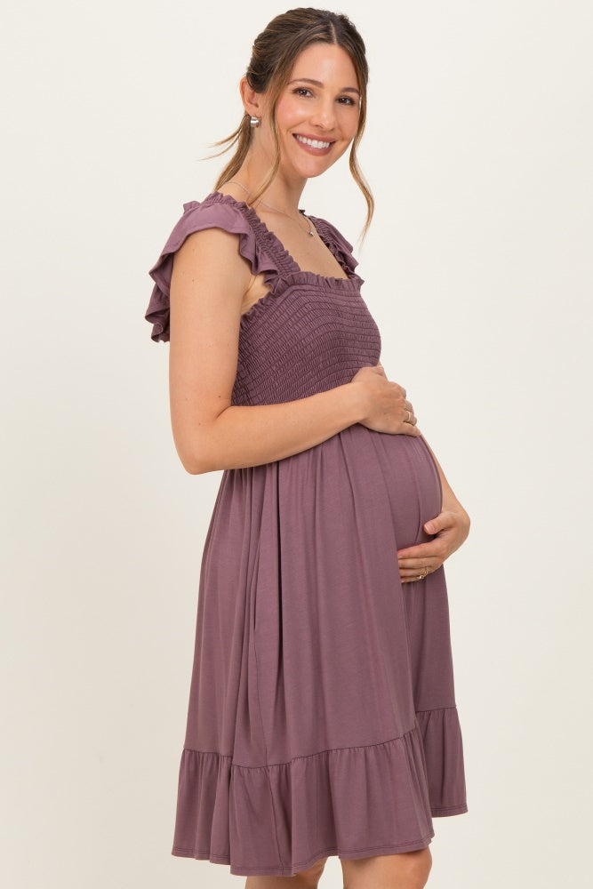 Plum Smocked Tiered Maternity Mini Dress