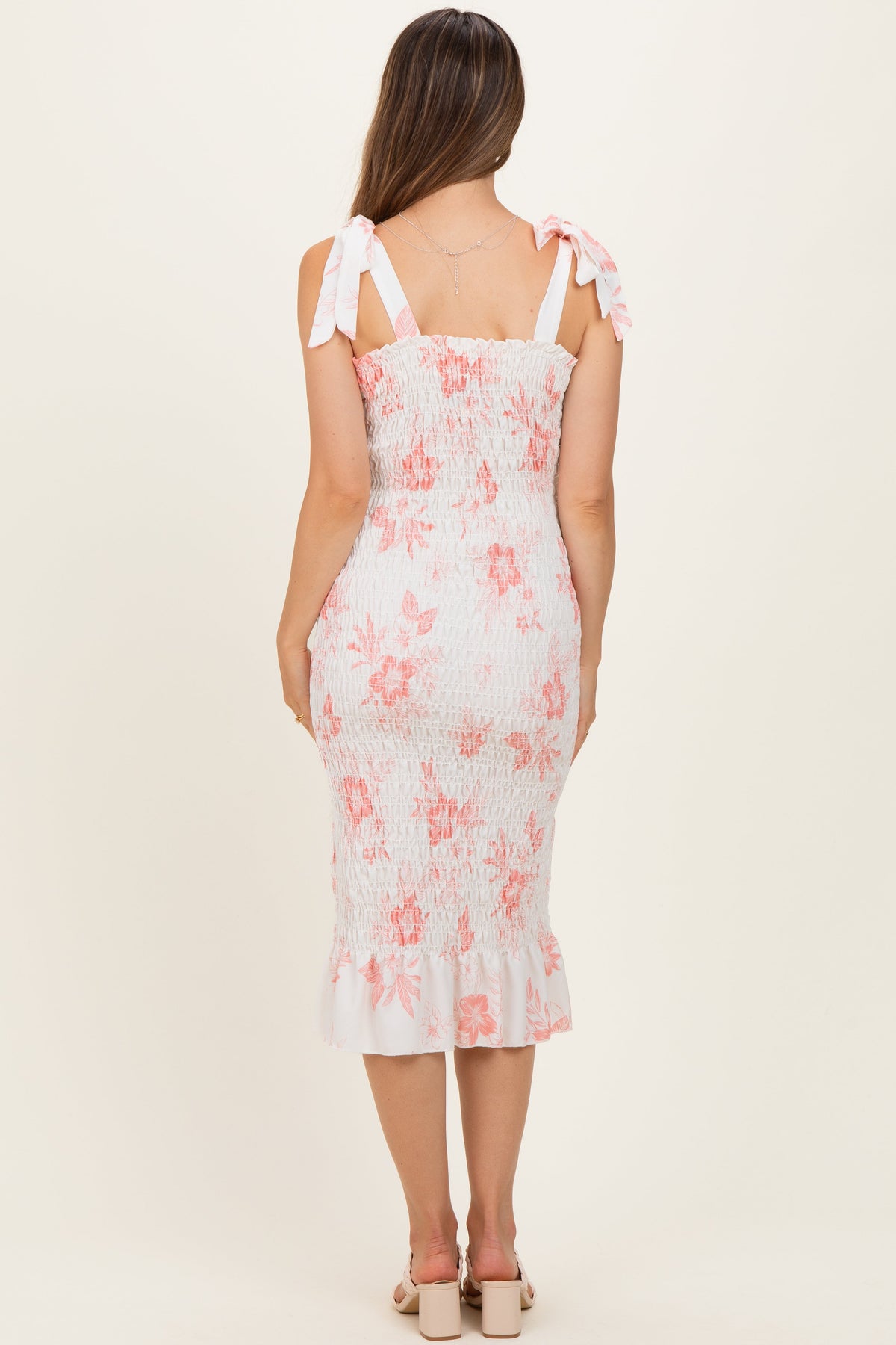 Peach Floral Shoulder Tie Fitted Maternity Midi Dress