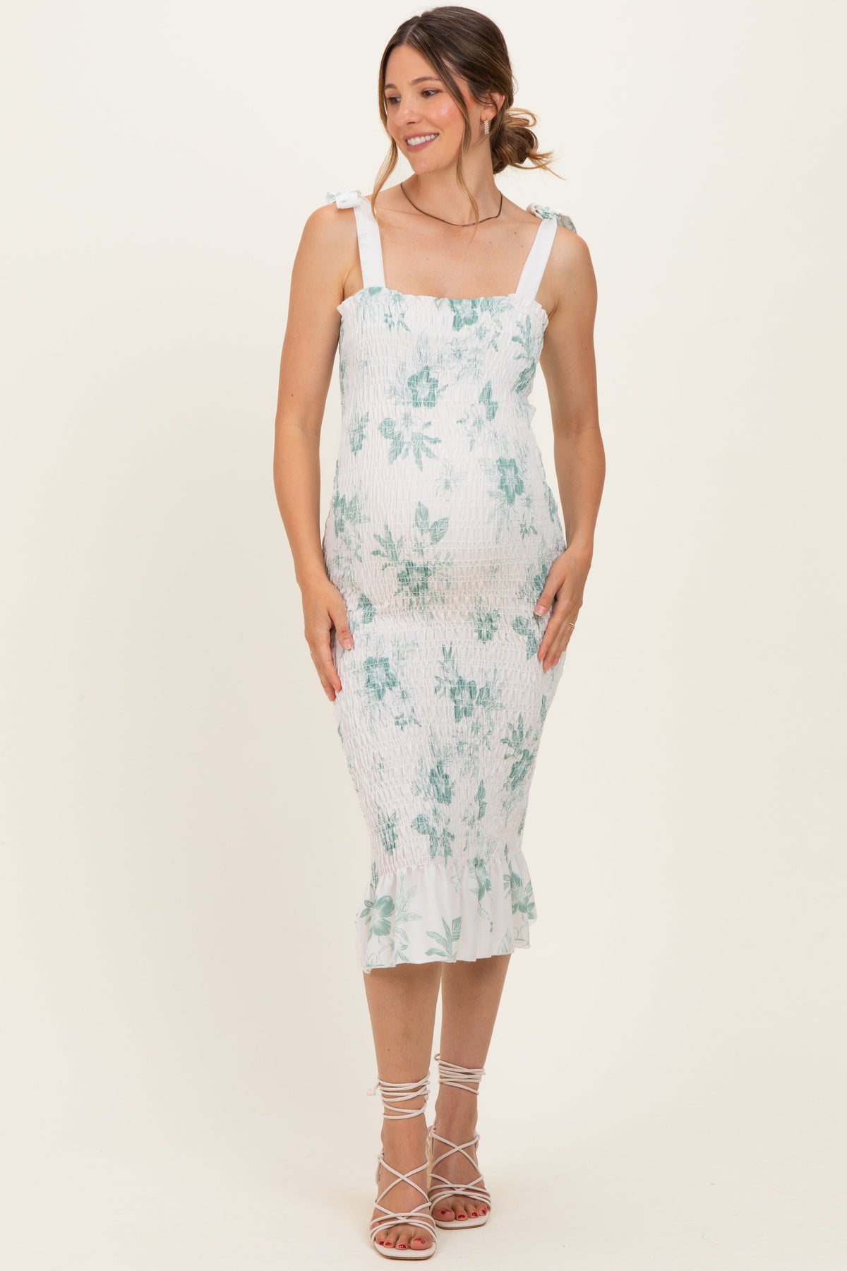 Sage Floral Shoulder Tie Fitted Maternity Midi Dress