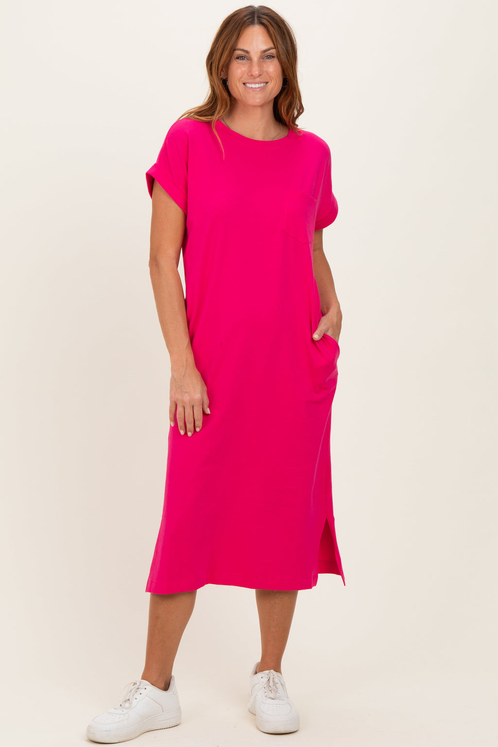 Fuchsia Pocket Front Maternity Midi T-Shirt Dress