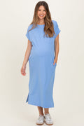 Cornflower Blue Pocket Front Maternity Midi T-Shirt Dress