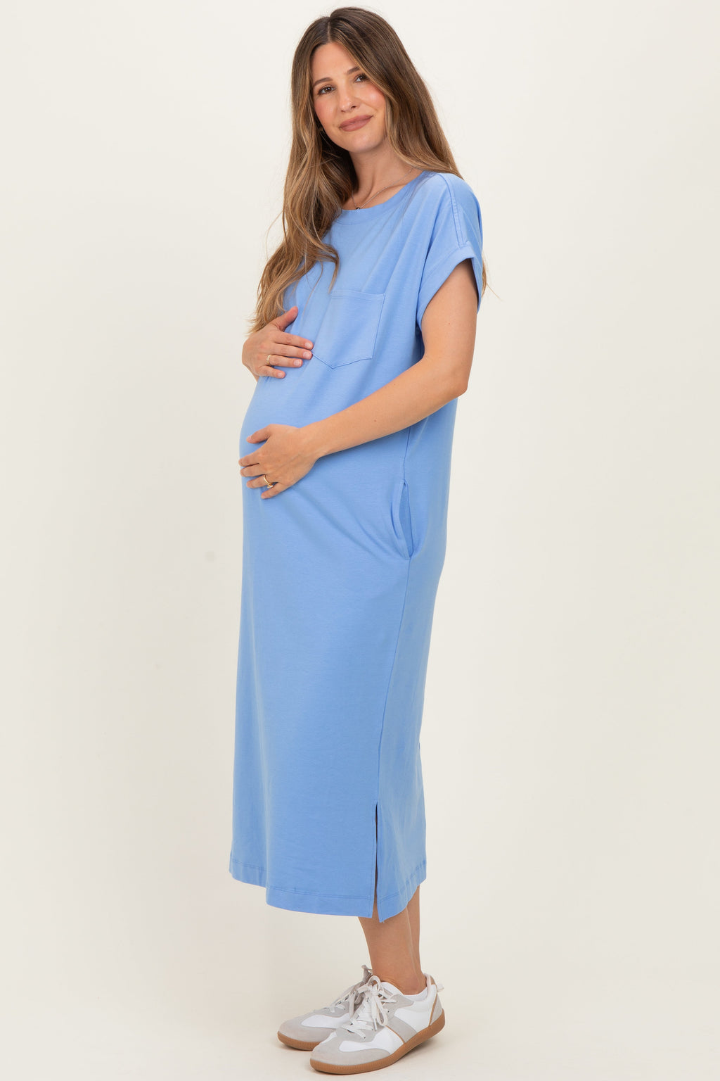Cornflower Blue Pocket Front Maternity Midi T-Shirt Dress