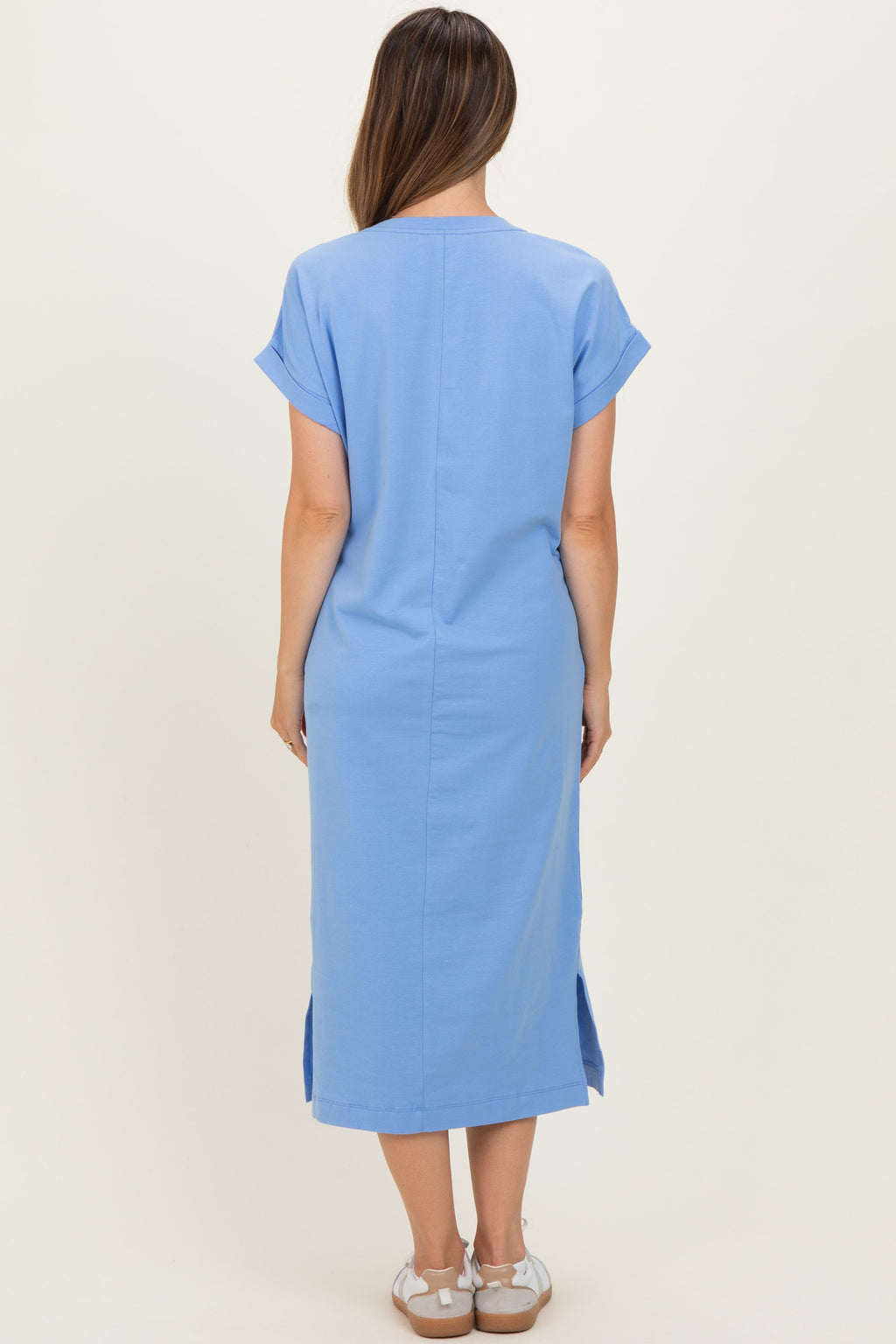 Cornflower Blue Pocket Front Maternity Midi T-Shirt Dress