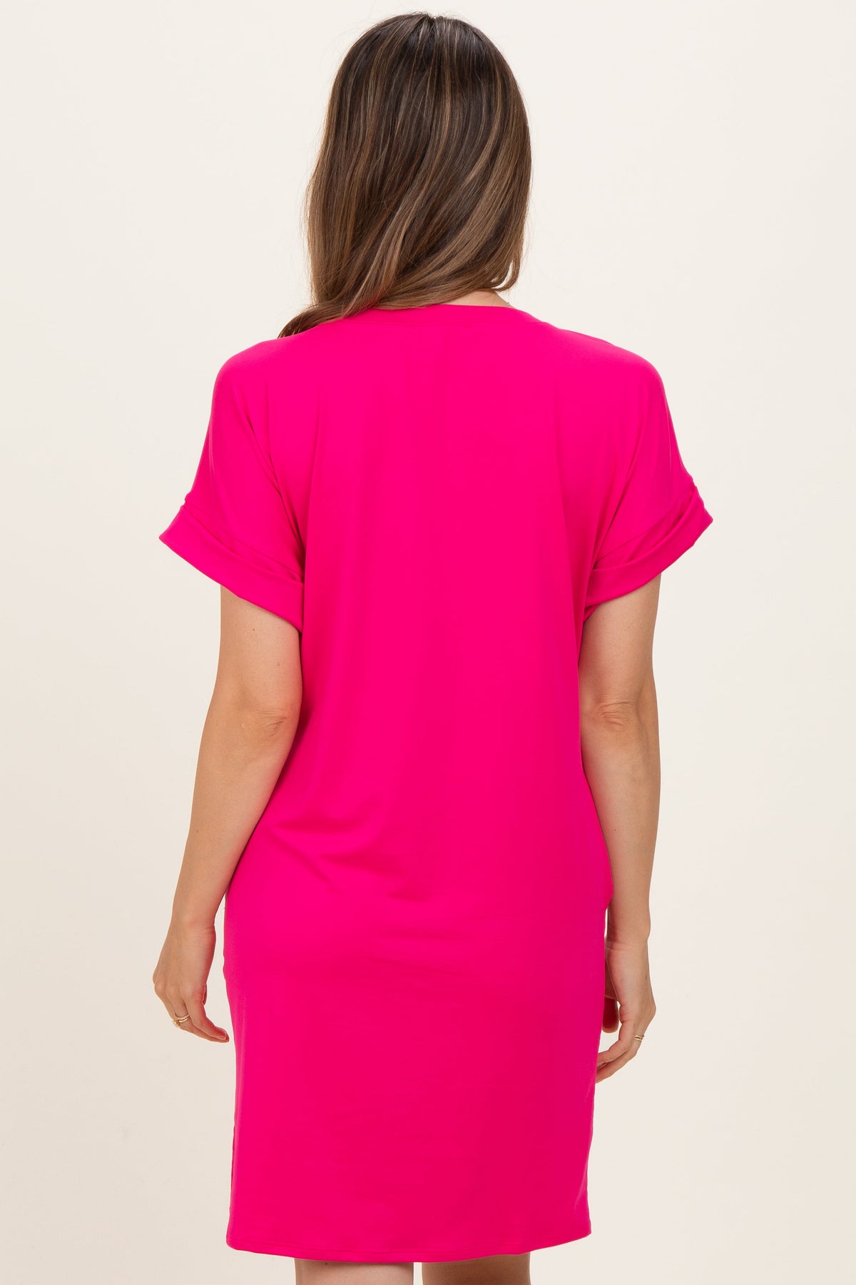 Hot Pink Brushed Rolled Short Sleeve V-Neck Maternity Dress