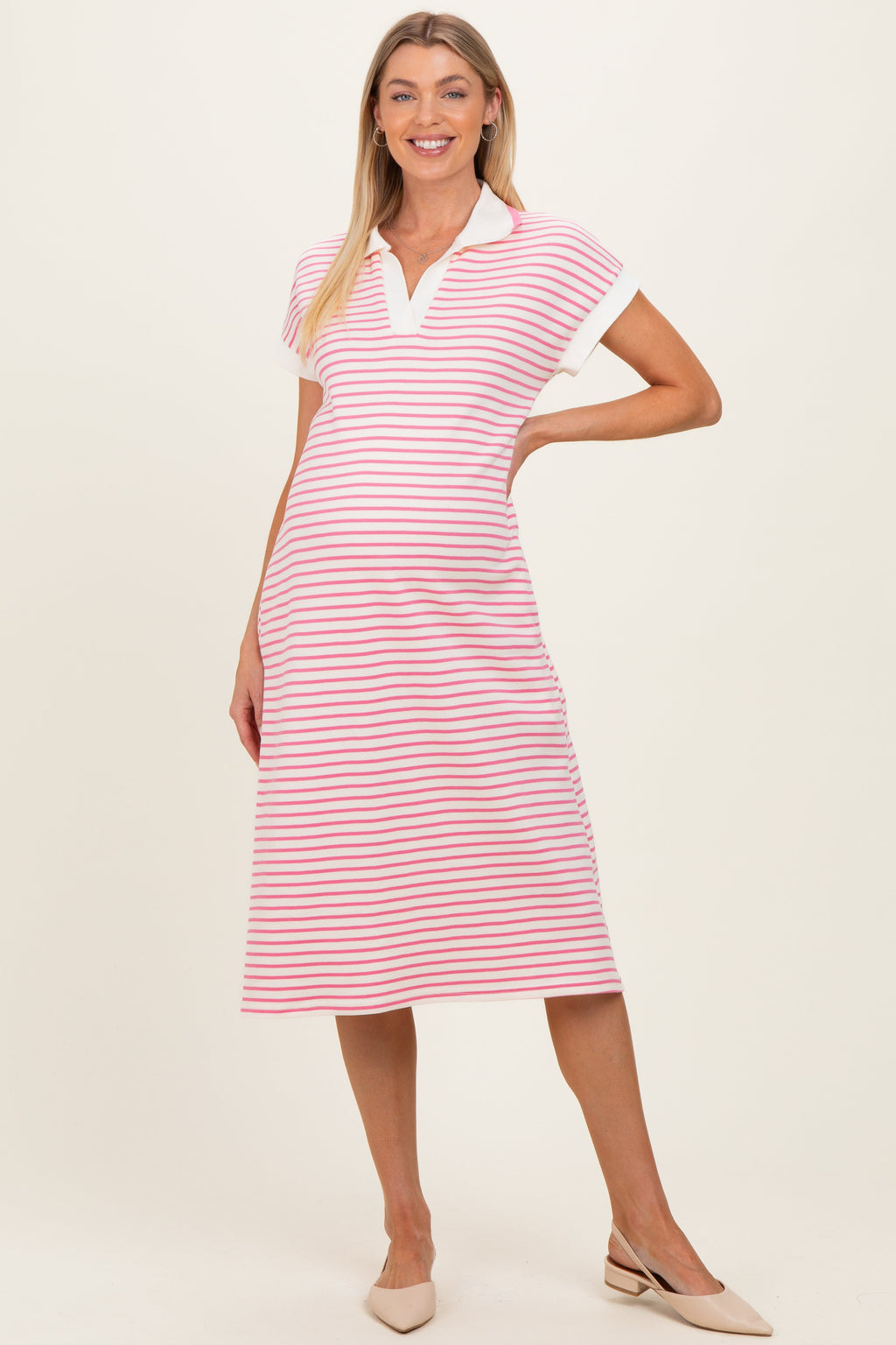 Pink Striped Polo Maternity Midi Dress