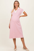 Pink Striped Polo Maternity Midi Dress