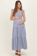 Navy Striped Ruffle Strap Smocked Maternity Maxi Dress
