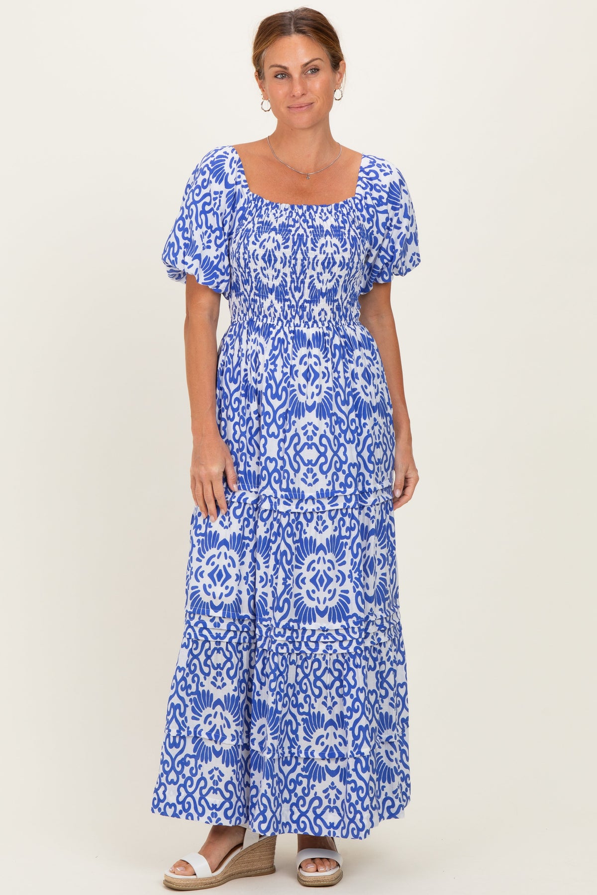 Royal Blue Printed Puff Sleeve Smocked Maternity Maxi Dress