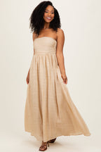 Beige Strapless Tie Back Maternity Maxi Dress