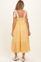 Yellow Gingham Lace Trim Shoulder Tie Maternity Maxi Dress