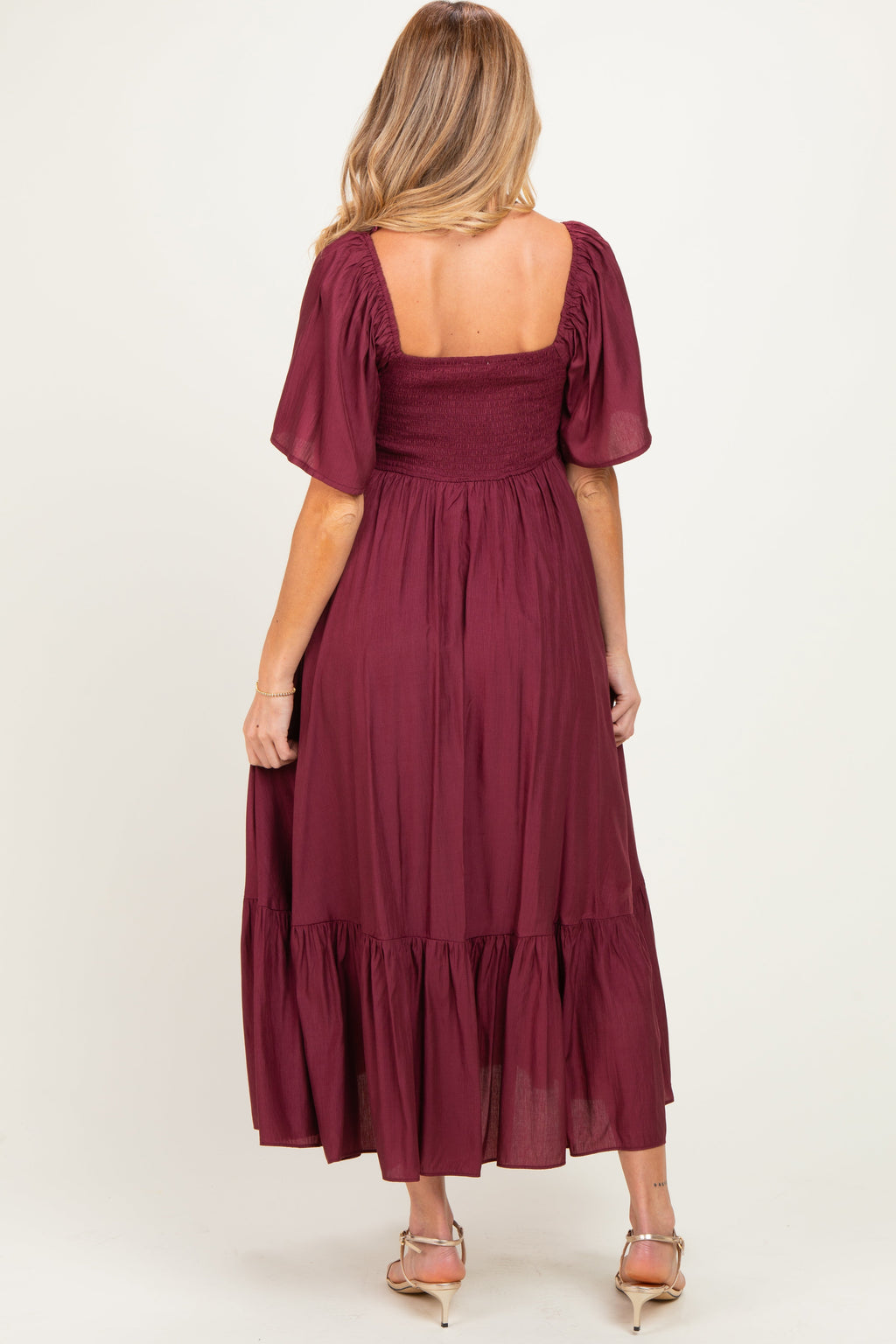 Burgundy Flutter Sleeve Ruffle Hem Maternity Midi Dress