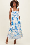 Blue Printed Scallop Detail Sleeveless Maternity Midi Dress