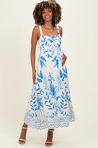 Blue Printed Scallop Detail Sleeveless Maternity Midi Dress