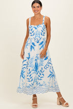 Blue Printed Scallop Detail Sleeveless Maternity Midi Dress