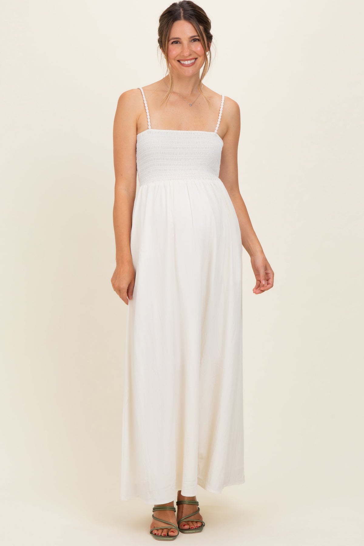 Off White Pom Pom Strap Smocked Maternity Maxi Dress