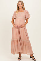 Dusty Pink Lace Accent Flutter Sleeve Maternity Maxi Dress