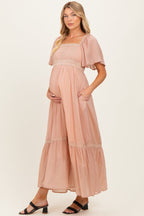 Dusty Pink Lace Accent Flutter Sleeve Maternity Maxi Dress