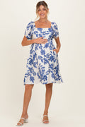 Blue Floral Puff Sleeve Maternity Dress