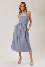 Navy Gingham Halter Neck Maternity Midi Dress