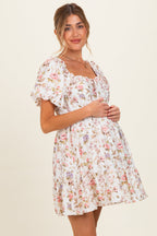 Ivory Floral Puff Sleeve Maternity Mini Dress