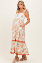 Coral Floral Embroidered Maternity Maxi Dress