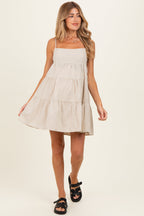 Beige Striped Tiered Cutout Maternity Dress